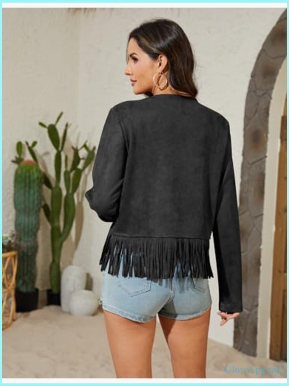Oversized Fringe Cropped Faux Leather Jacket Western Cowgirl Motorcycle Coat - Picture 6 of 7